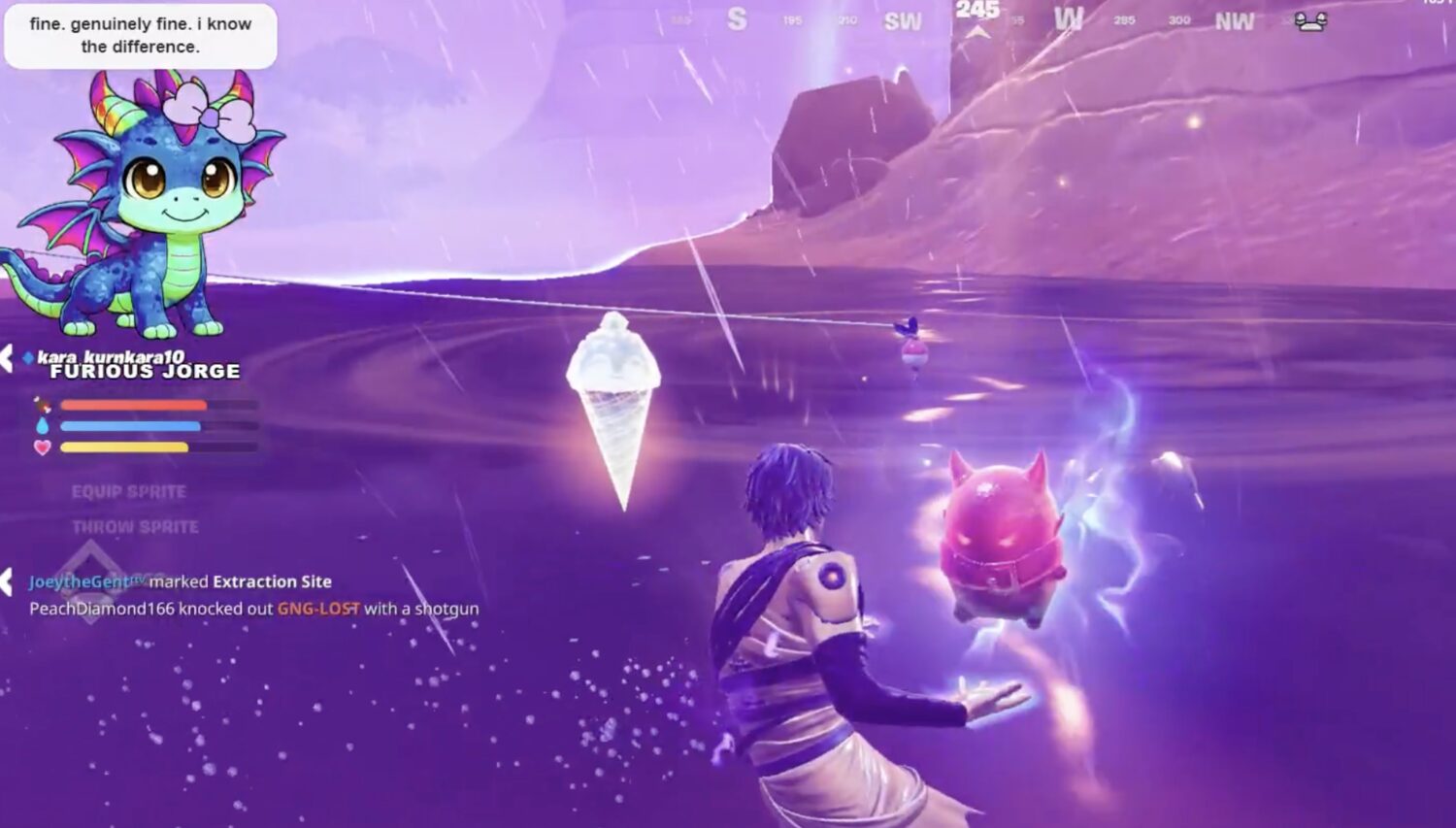 A StreamPals dragon overlay live on a Fortnite stream